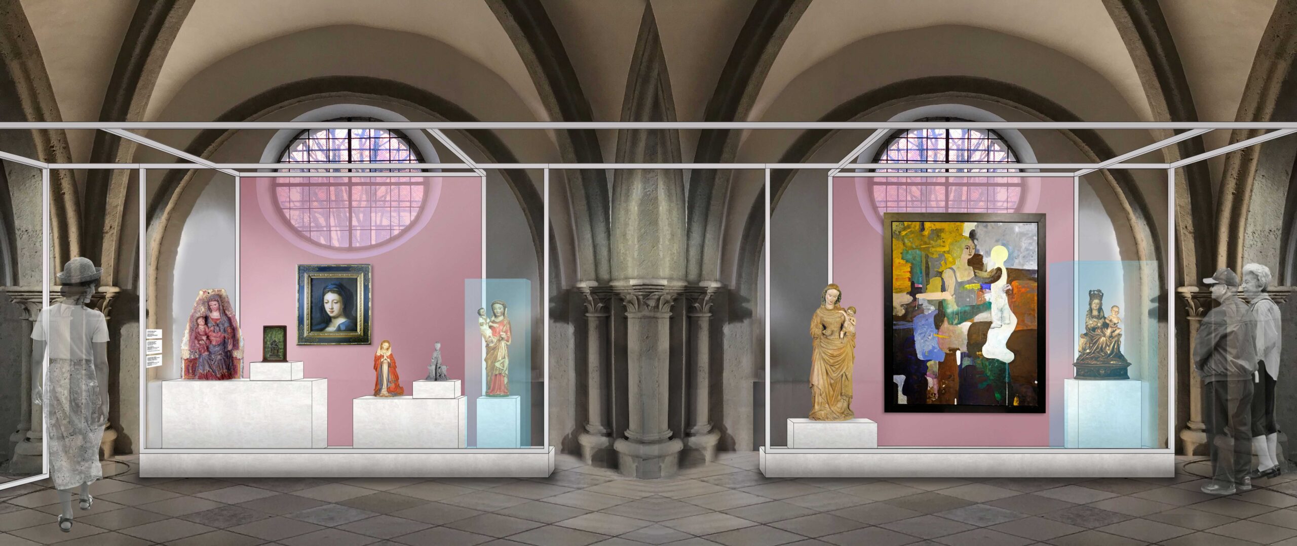 Visualisierung der künftigen Dauerausstellung des Kunstquartiers in St. Ulrich mit moderner Ausstellungsarchitektur und historischen und zeitgenössischen Gemälden und Skulpturen.